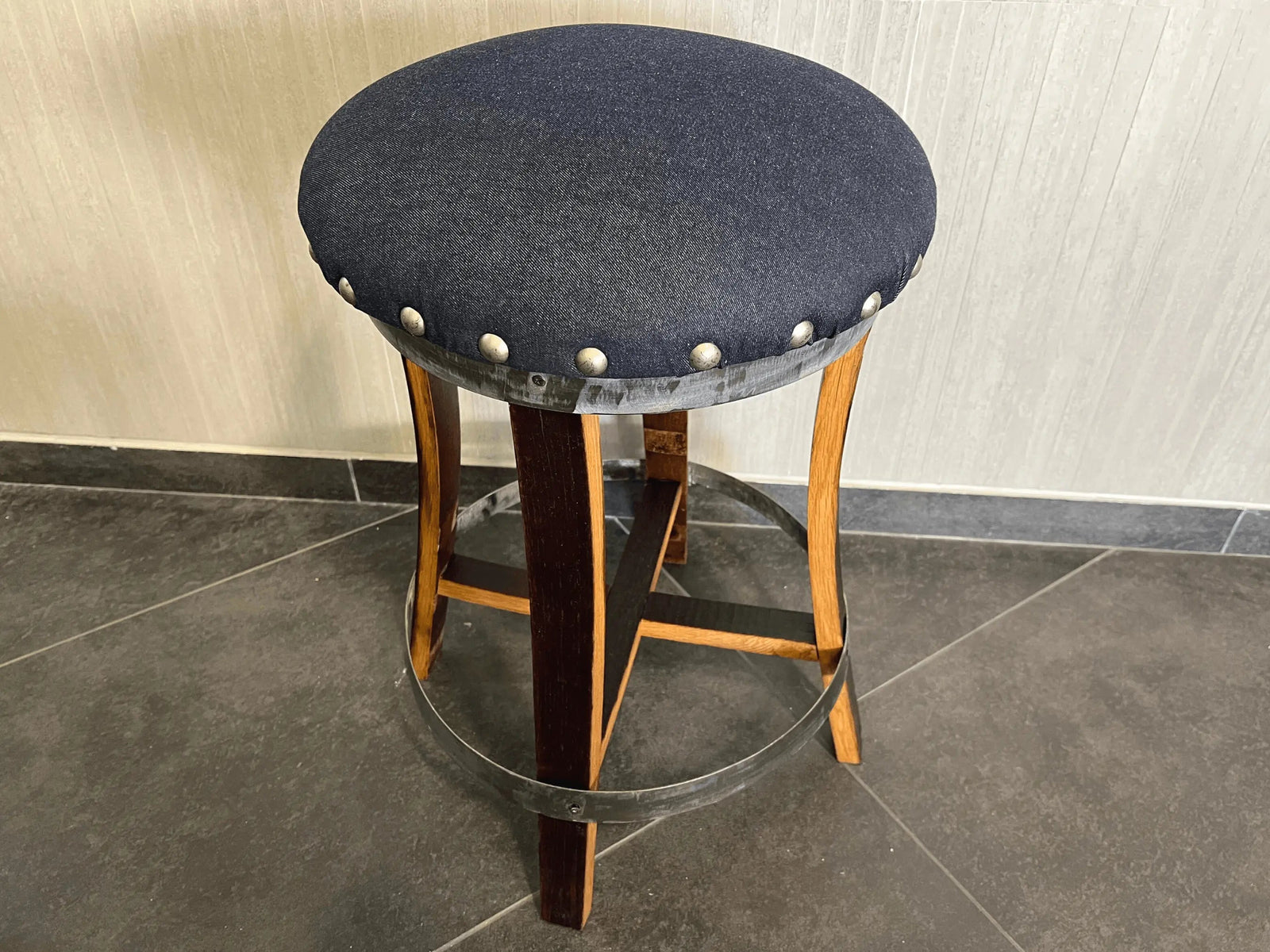 Dark Navy Blue Oak Barrel Bar Stool - Memory Foam Upholstery - Whiskey Barrel Stave Pub Stool - Counter Height - Handmade Wine Barrel Chair