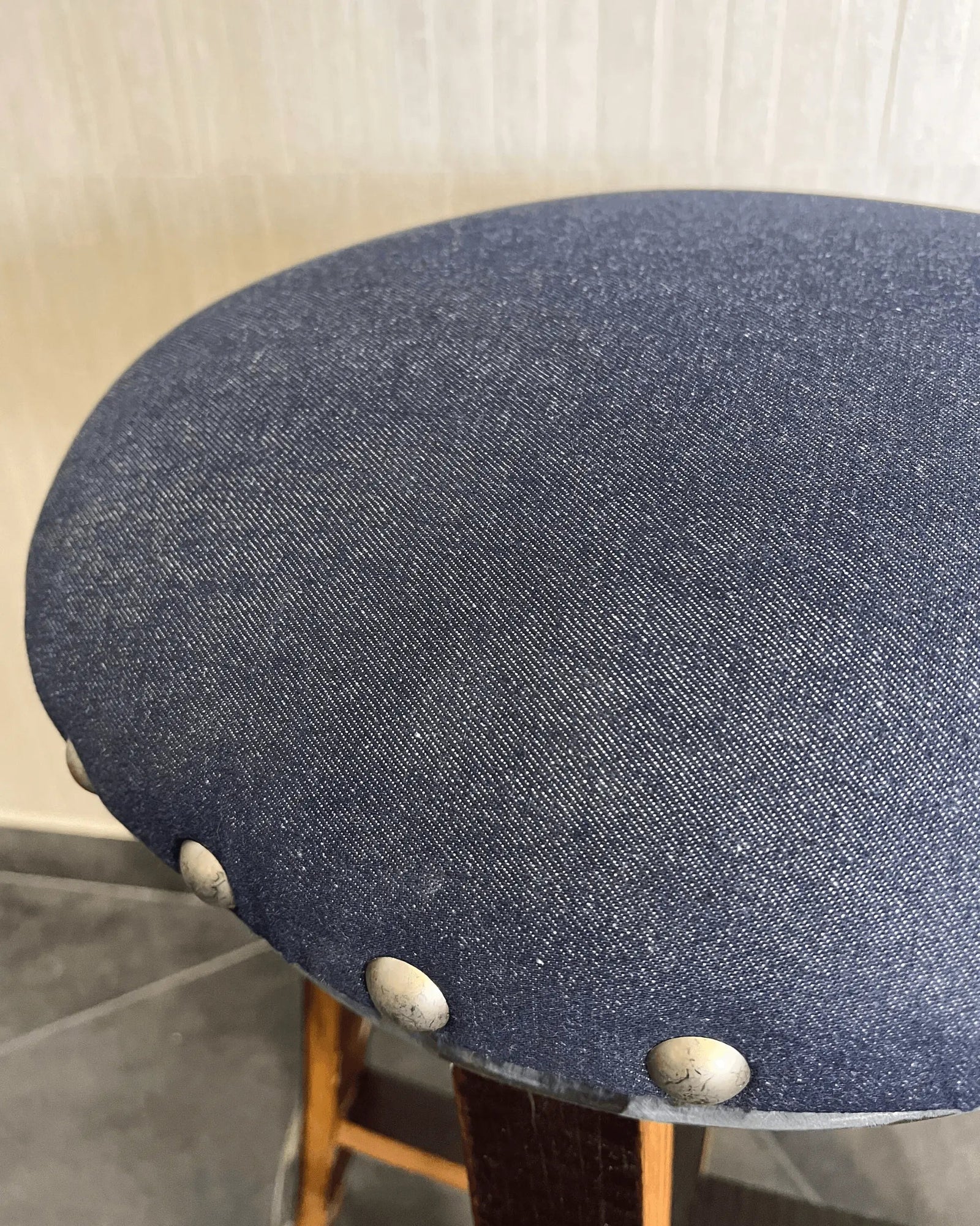 Dark Navy Blue Oak Barrel Bar Stool - Memory Foam Upholstery - Whiskey Barrel Stave Pub Stool - Counter Height - Handmade Wine Barrel Chair