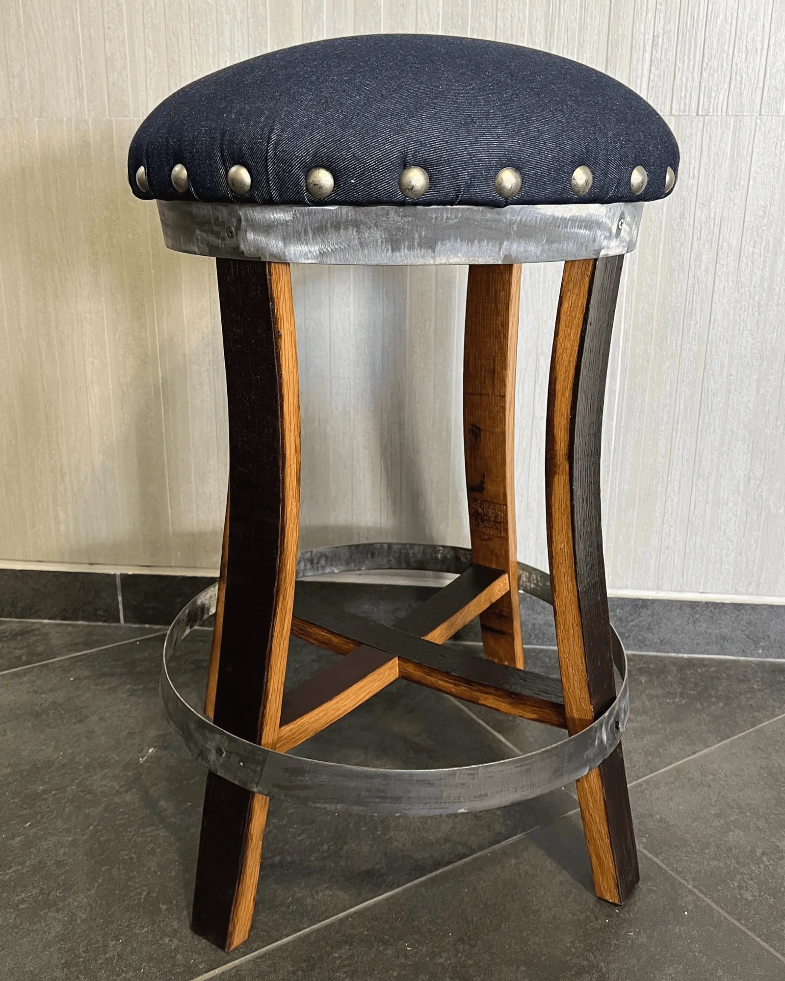 Dark Navy Blue Oak Barrel Bar Stool - Memory Foam Upholstery - Whiskey Barrel Stave Pub Stool - Counter Height - Handmade Wine Barrel Chair