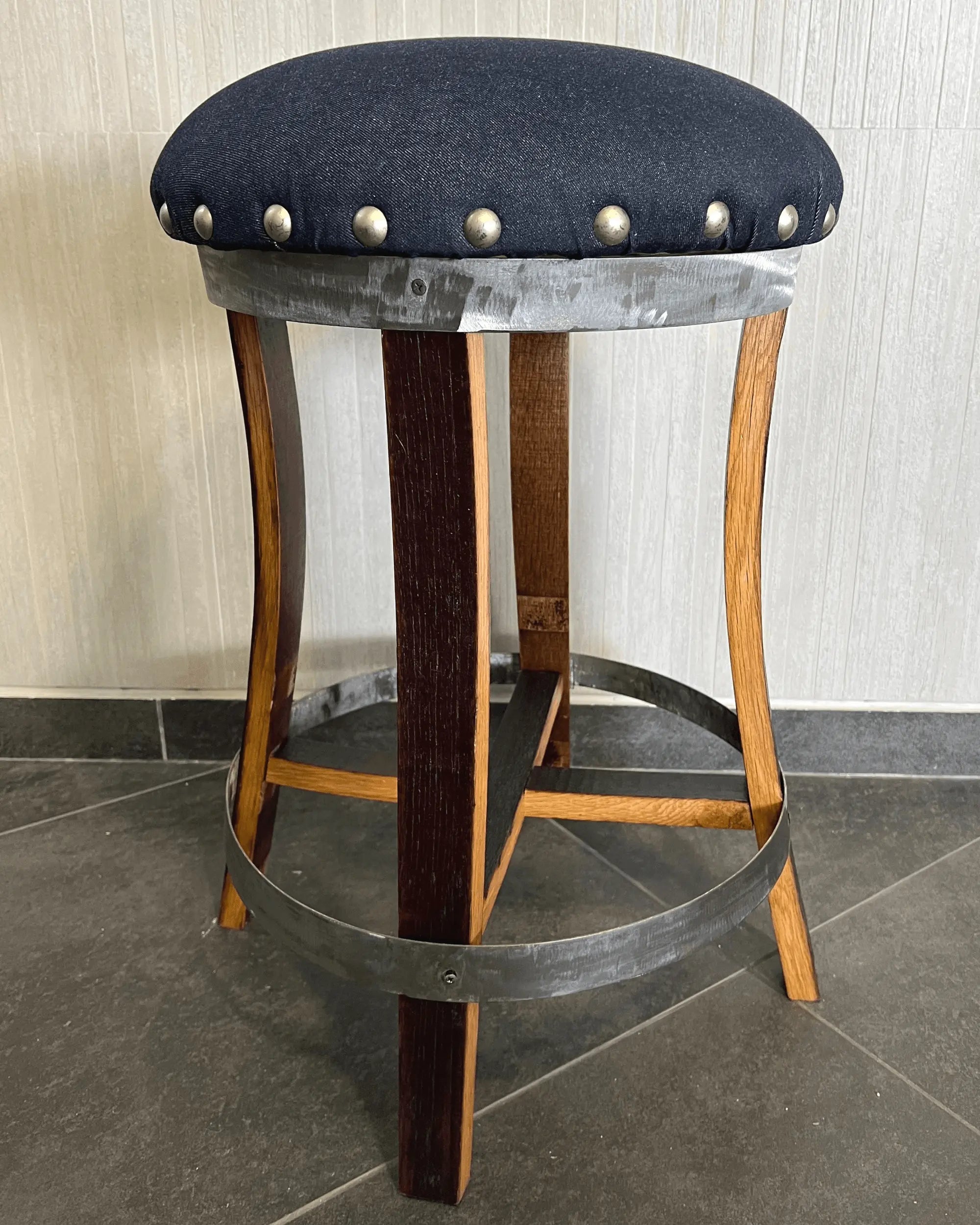 Dark Navy Blue Oak Barrel Bar Stool - Memory Foam Upholstery - Whiskey Barrel Stave Pub Stool - Counter Height - Handmade Wine Barrel Chair