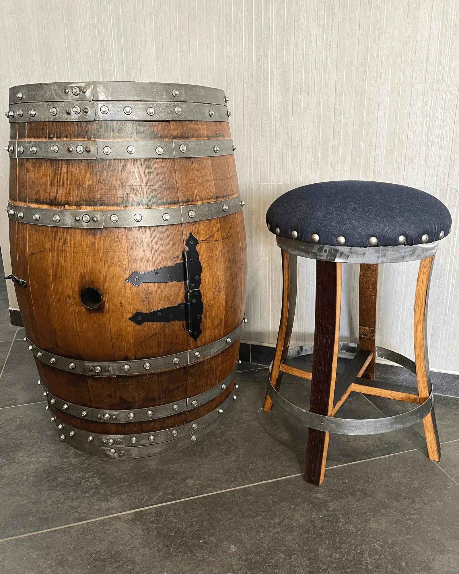Dark Navy Blue Oak Barrel Bar Stool - Memory Foam Upholstery - Whiskey Barrel Stave Pub Stool - Counter Height - Handmade Wine Barrel Chair