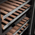 ZLINE 24" Autograph Edition Dual Zone 44-Bottle Wine Cooler in Stainless Steel with Wood Shelf and Matte Black Accents RWVZ-UD-24-MB