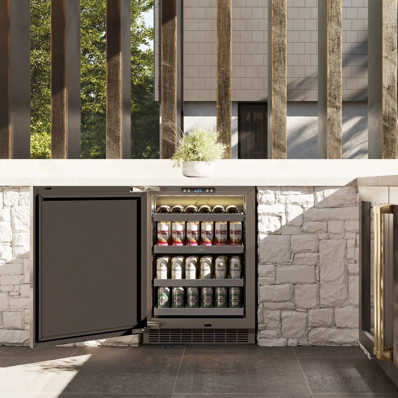 ZLINE 24 in. Touchstone Beverage Fridge, Solid Stainless Door, Champagne Bronze Handle RBSOZ-ST-24-CB