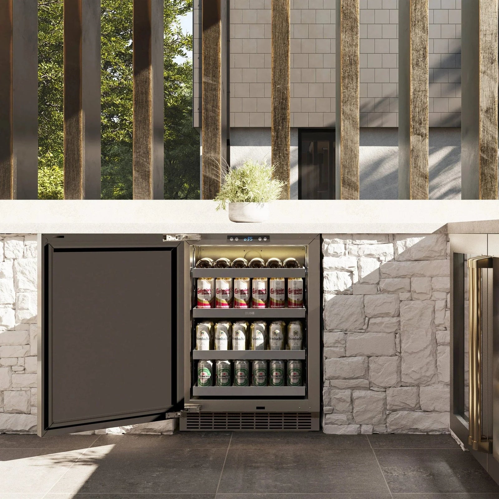 ZLINE 24 in. Touchstone Beverage Fridge, Solid Stainless Door, Polished Gold Handle RBSOZ-ST-24-G