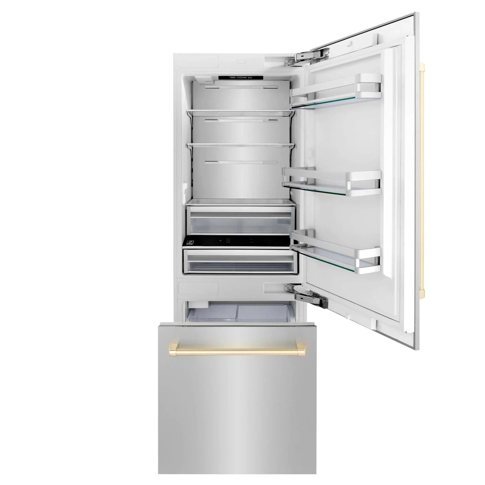 ZLINE 30” Autograph 16.1 cu. ft. 2-Door Bottom Freezer Fridge Water/Ice Dispenser Stainless Steel Gold Accents RBIVZ-304-30-G