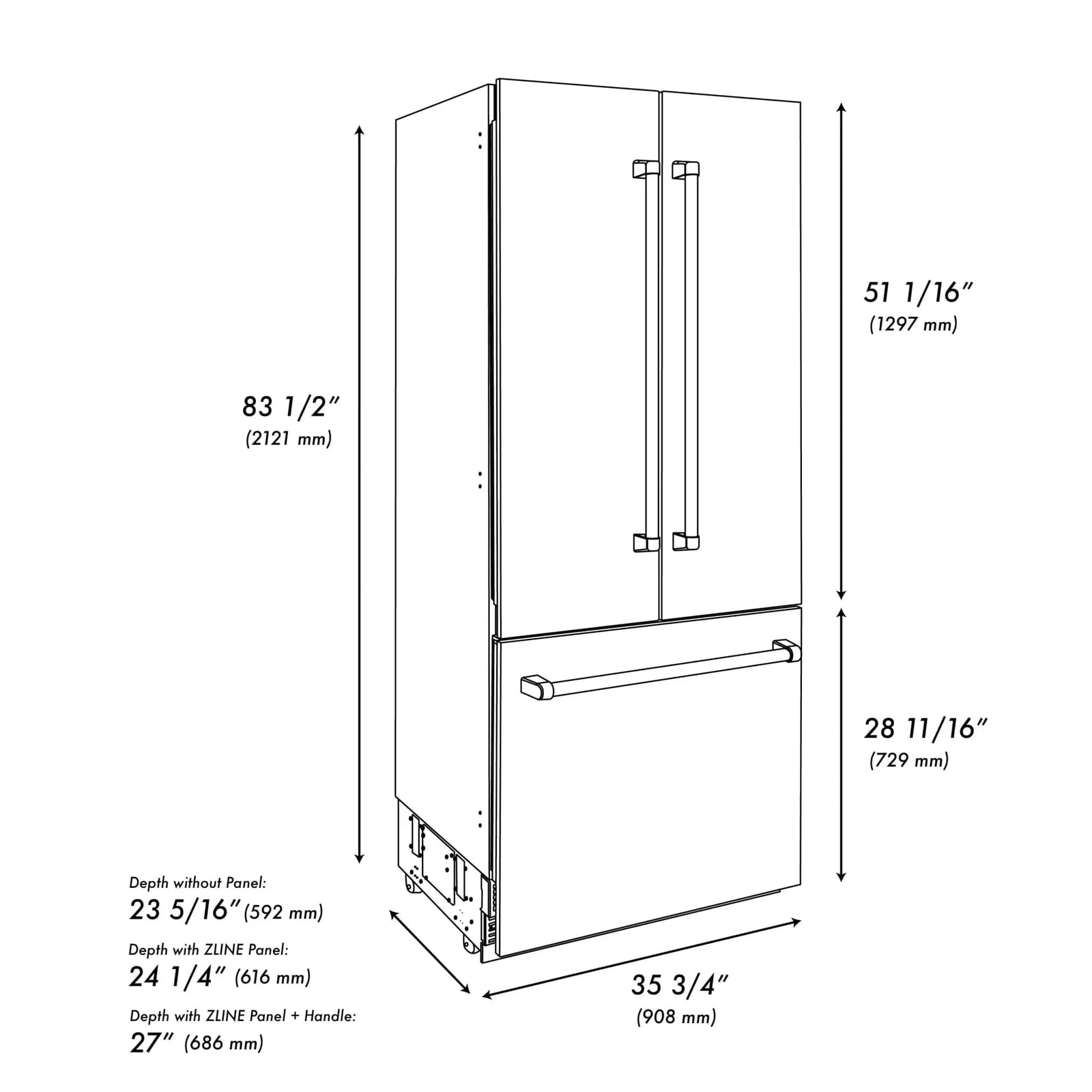 ZLINE Autograph Edition French Door Refrigerator, Internal Water, Ice Dispenser, White Matte, Champagne Bronze Accents RBIVZ-WM