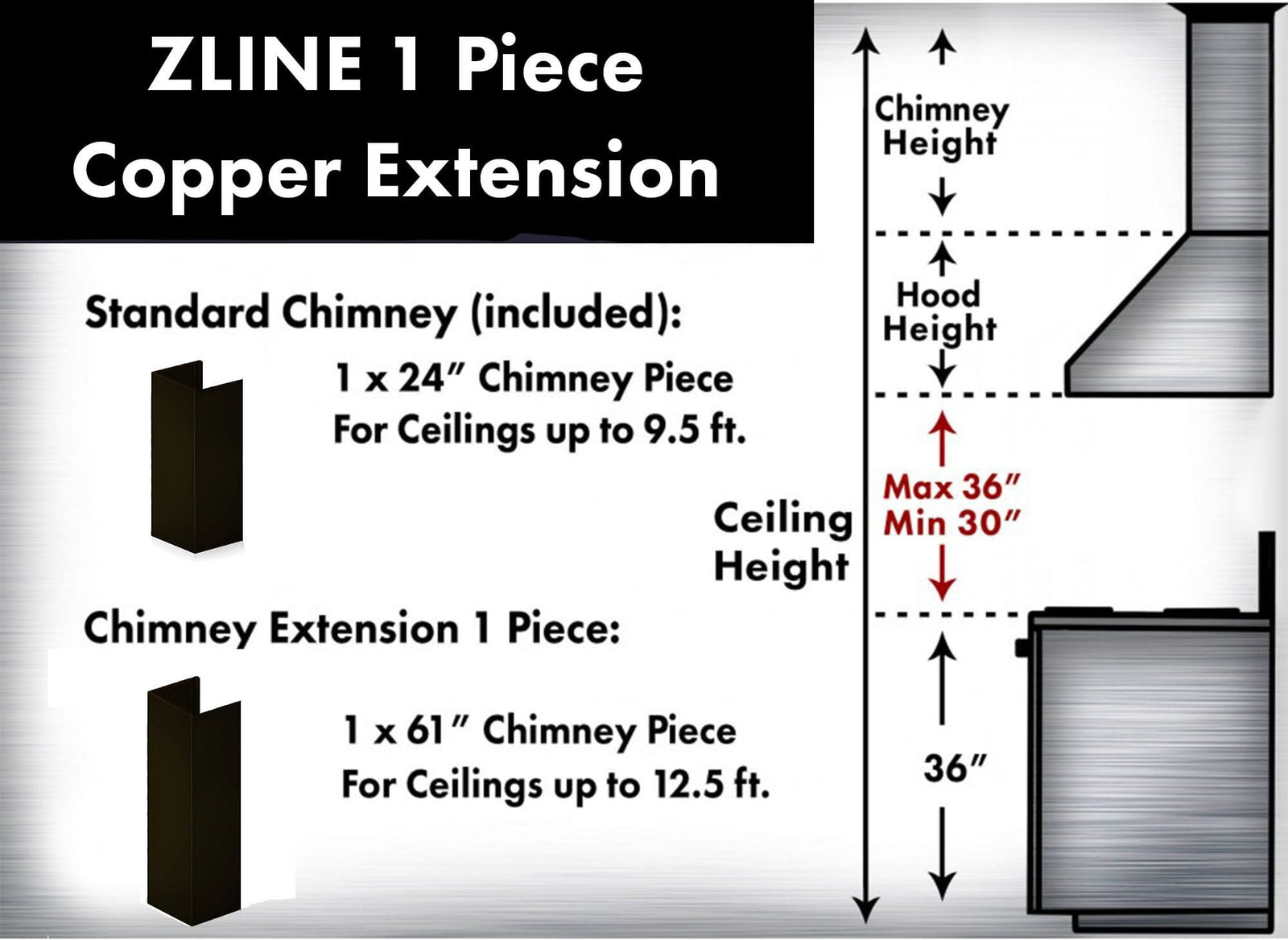 ZLINE 5 Ft. Chimney Extension For Ceilings Up To 12.5 Ft. 8KBB-E