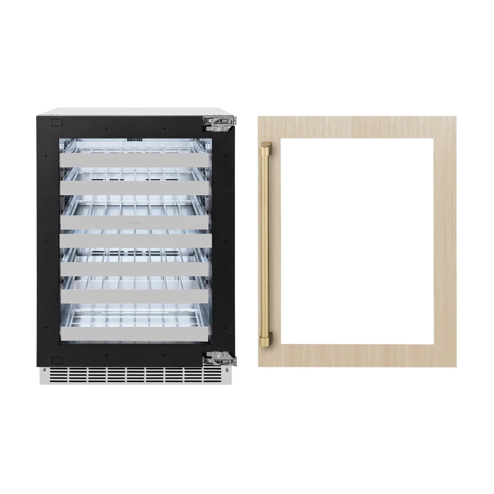 ZLINE Autograph 24 in. Dual Zone 44 Bottle Wine Cooler With Panel Ready Glass Door And Champagne Bronze Handle RWDPOZ-24-CB