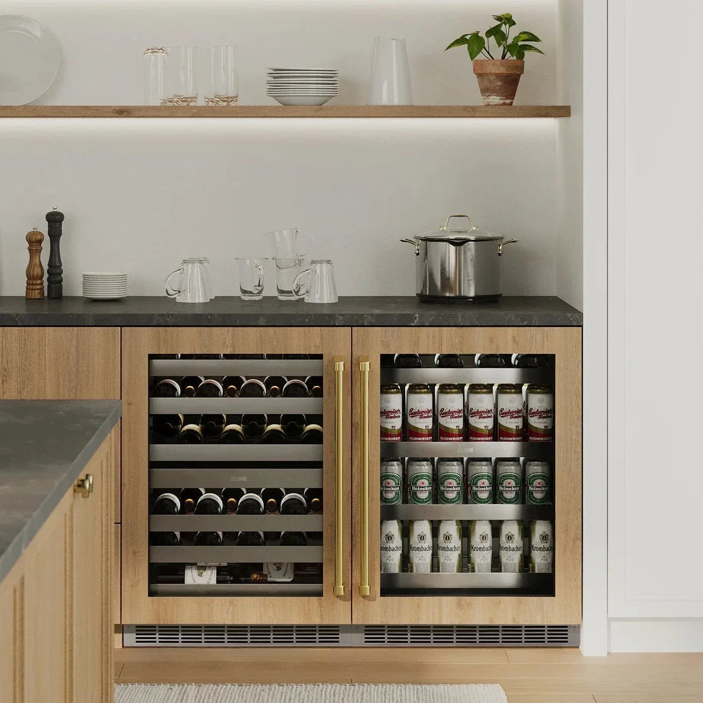ZLINE Autograph 24 in. Dual Zone 44 Bottle Wine Cooler With Panel Ready Glass Door And Champagne Bronze Handle RWDPOZ-24-CB