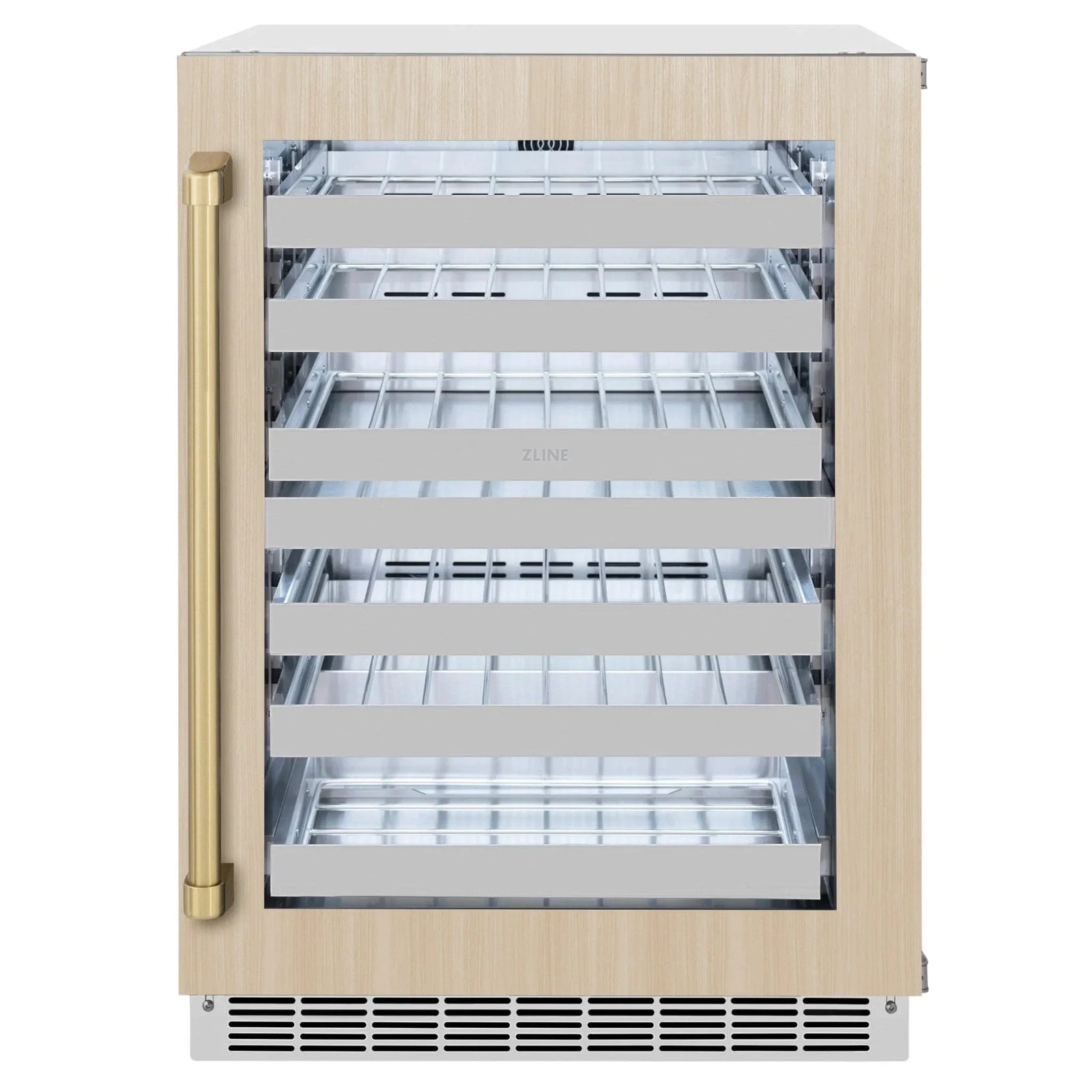 ZLINE Autograph 24 in. Dual Zone 44 Bottle Wine Cooler With Panel Ready Glass Door And Champagne Bronze Handle RWDPOZ-24-CB