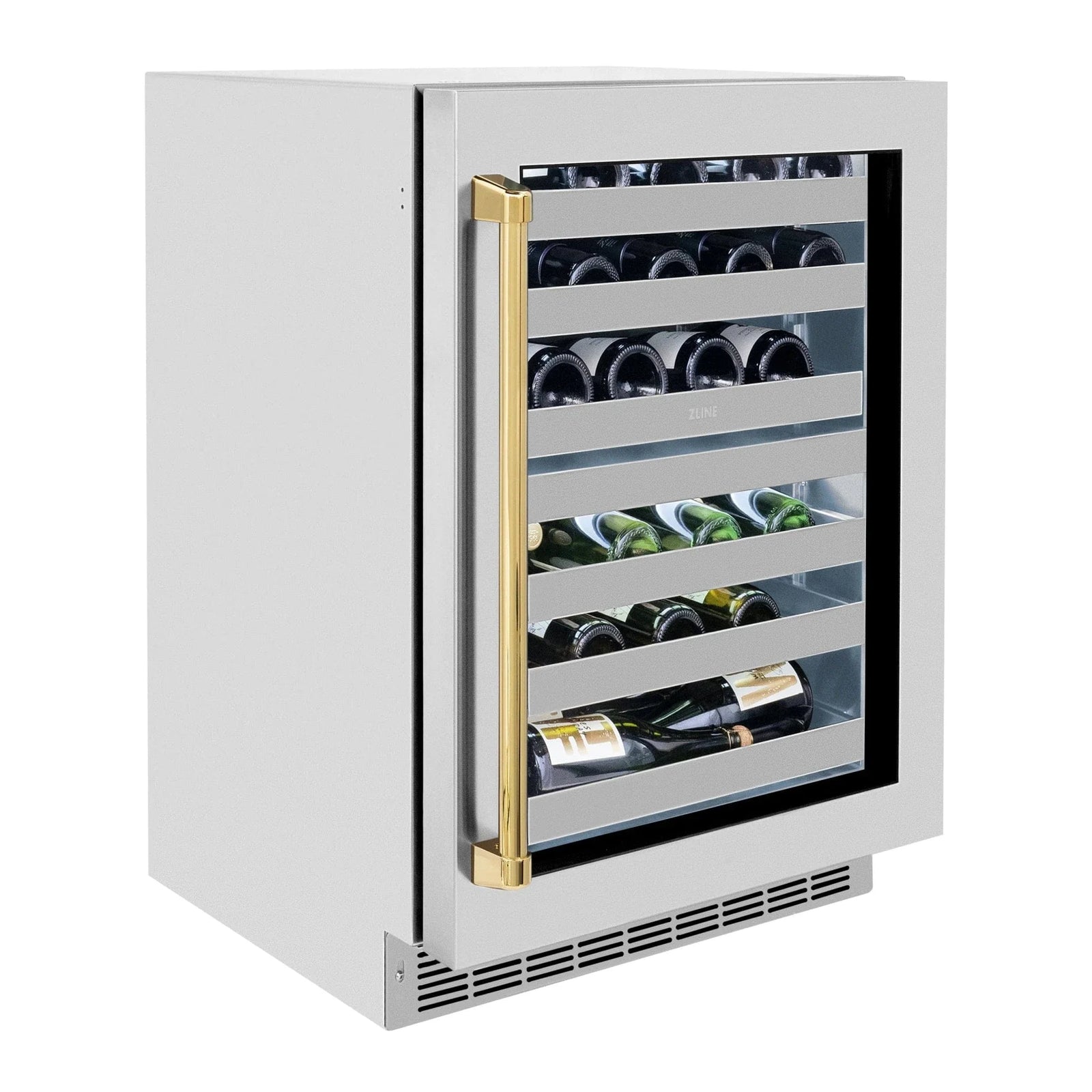 ZLINE Autograph 24 in. Dual Zone 44 Bottle Wine Cooler With Stainless Steel Glass Door And Polished Gold Handle RWDOZ-GS-24-G