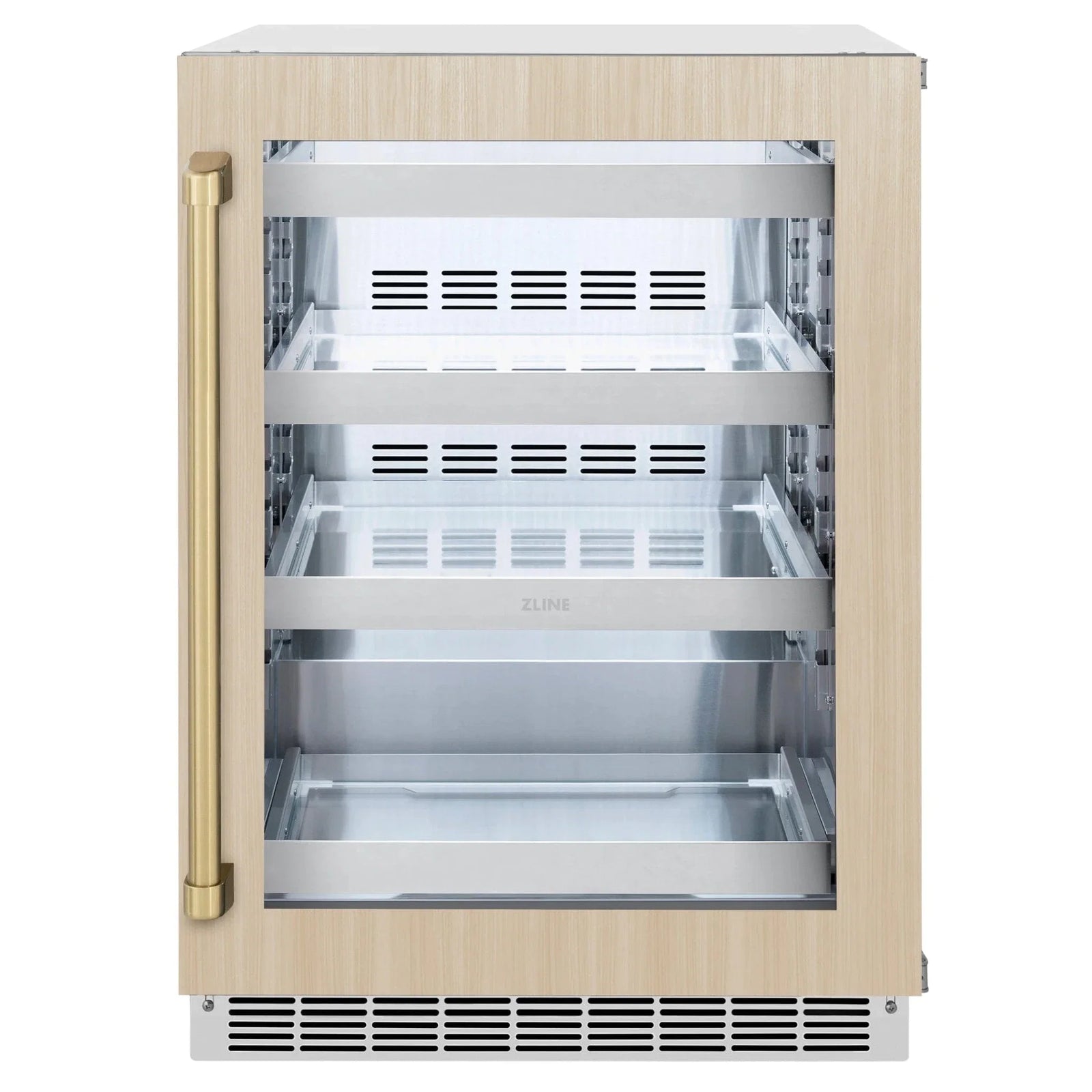 ZLINE Autograph Edition 24 in. Touchstone 151 Can Beverage Fridge With Panel Ready Glass Door And Champagne Bronze Handle RBSPOZ-24-CB