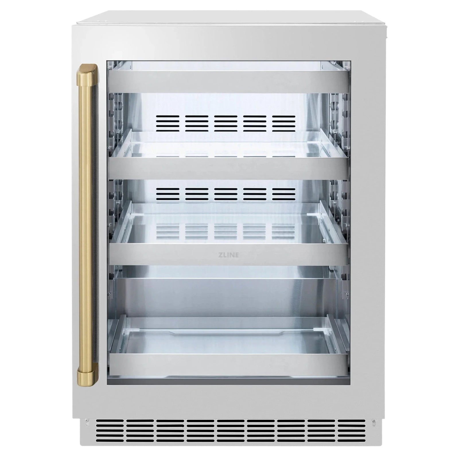 ZLINE Autograph Edition 24 in. Touchstone 151 Can Beverage Fridge With Stainless Steel Glass Door And Champagne Bronze Handle RBSOZ-GS-24-CB