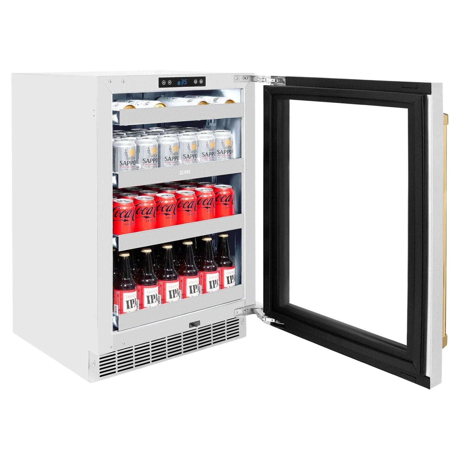 ZLINE Autograph Edition 24 in. Touchstone 151 Can Beverage Fridge With Stainless Steel Glass Door And Polished Gold Handle RBSOZ-GS-24-G