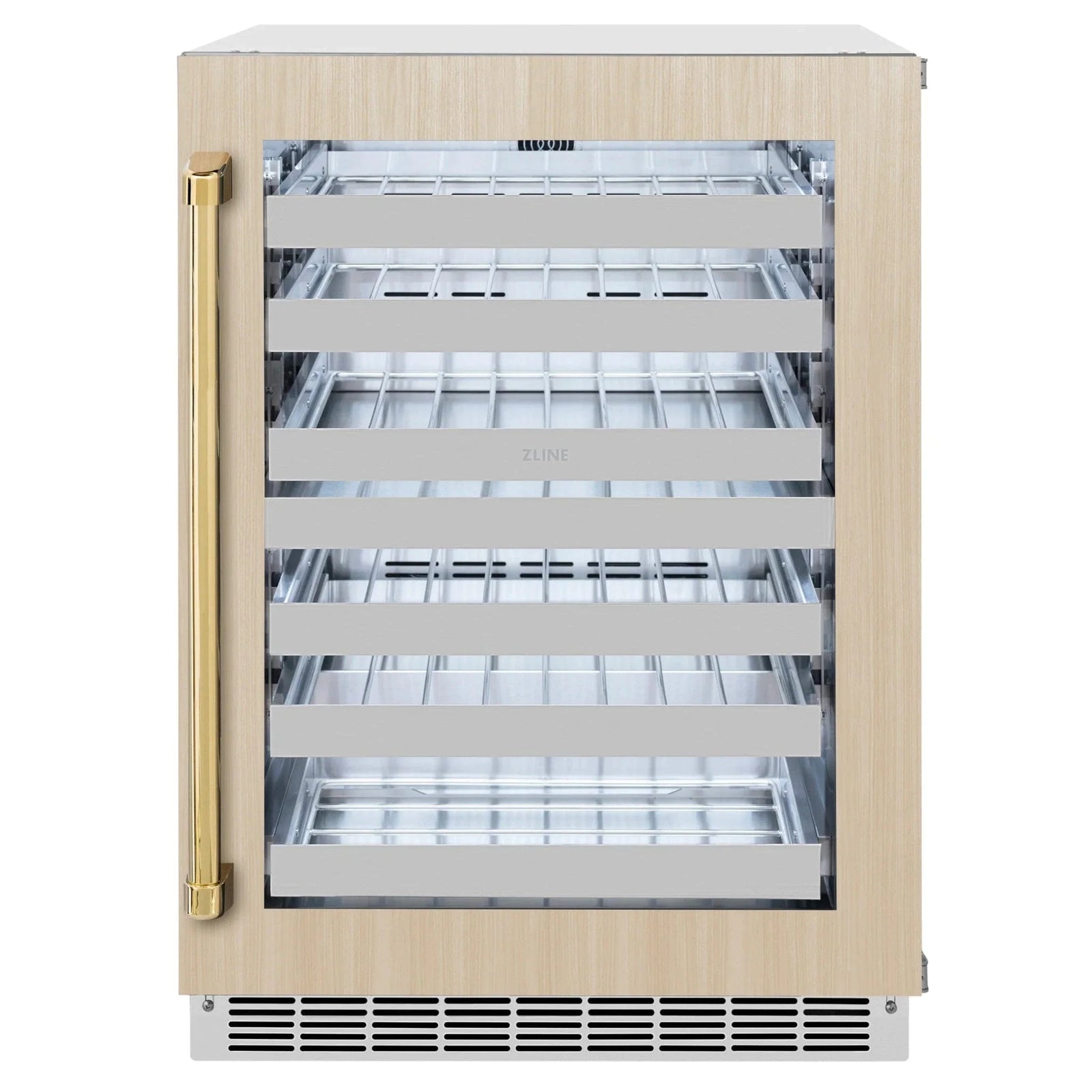 ZLINE Autograph Edition 24 in. Touchstone Dual Zone 44 Bottle Wine Cooler With Panel Ready Glass Door And Polished Gold Handle RWDPOZ-24-G