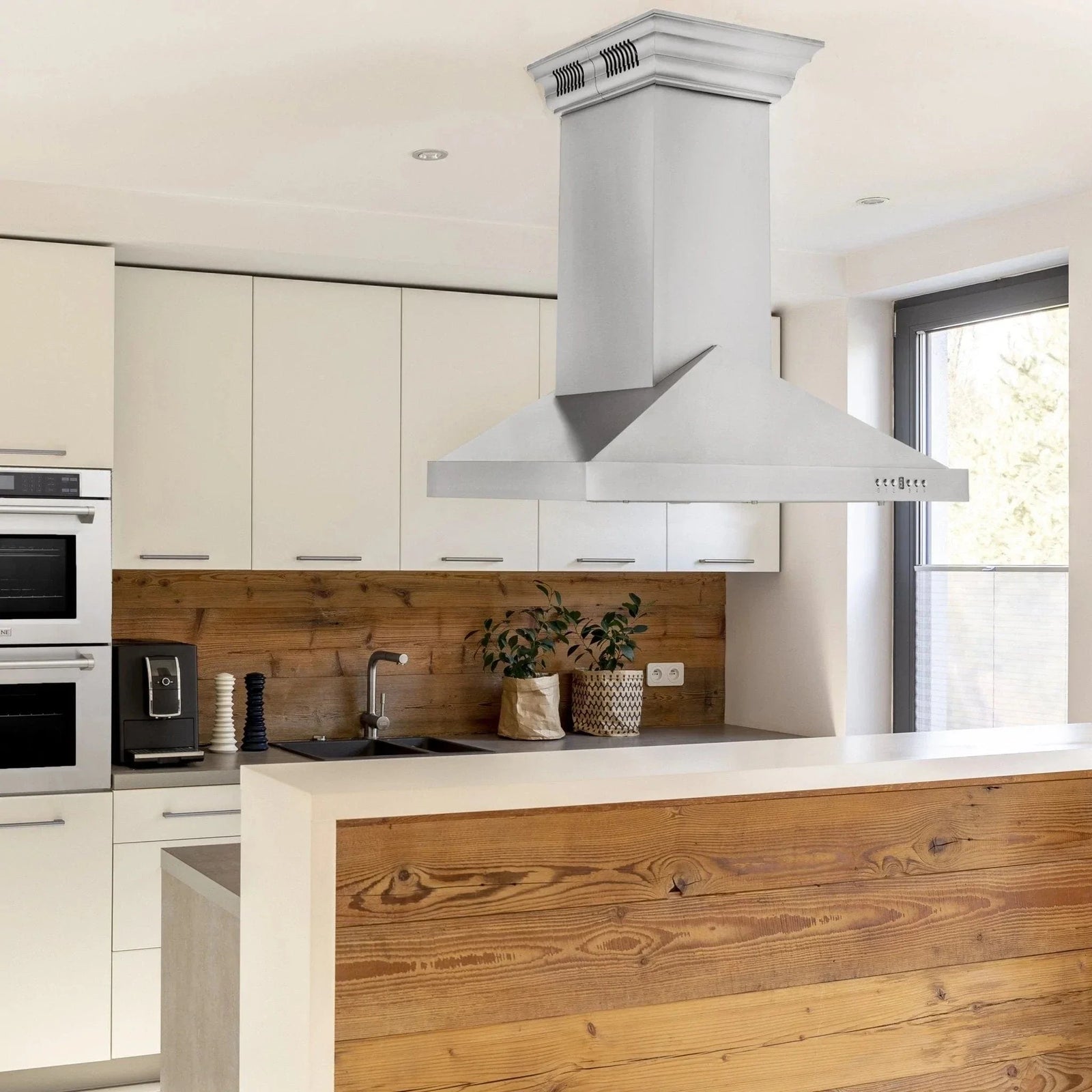 ZLINE Ducted Vent Island Mount Range Hood in Stainless Steel with Built-in ZLINE CrownSound Bluetooth Speakers GL1iCRN-BT-36