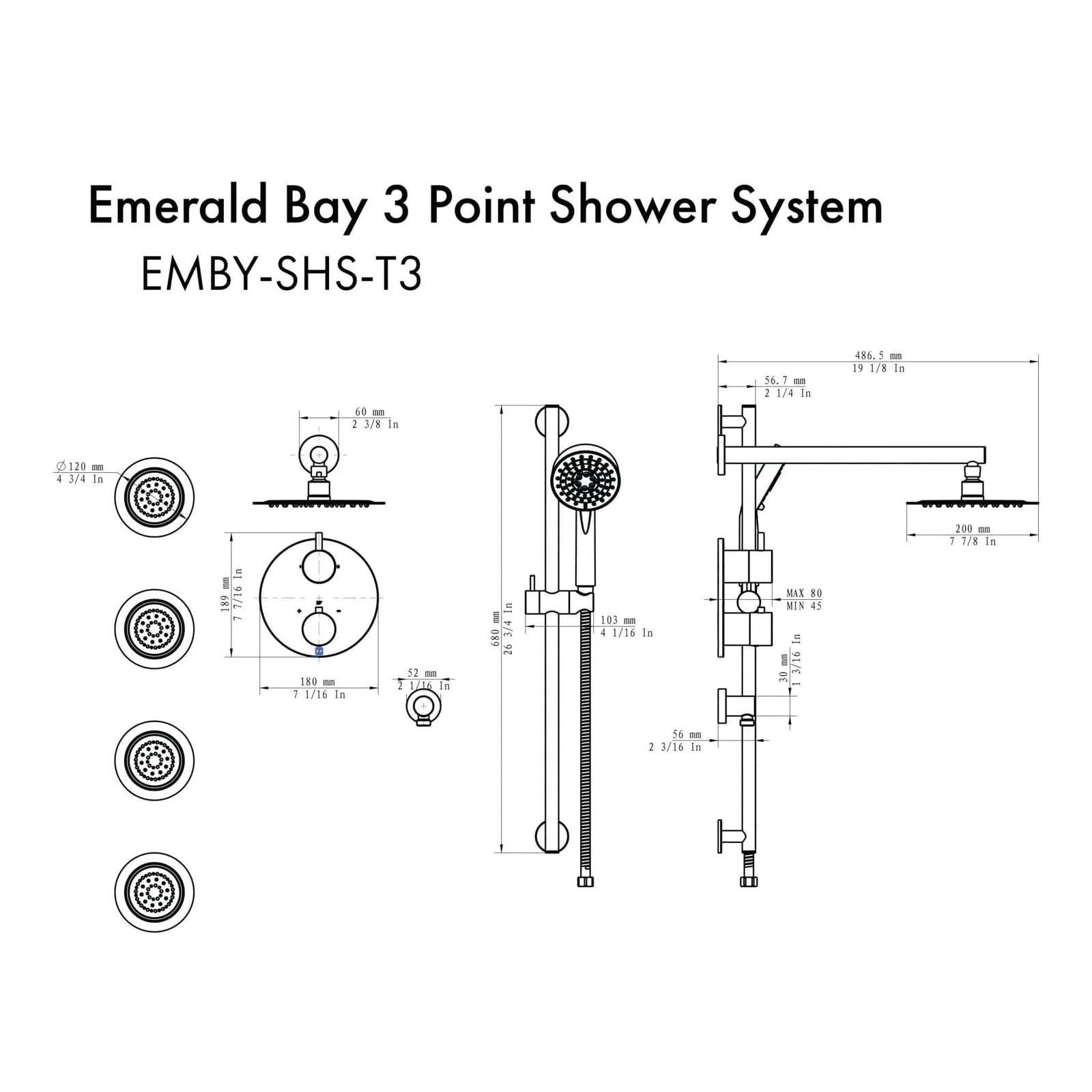 ZLINE Emerald Bay Thermostatic Shower System with Body Jets EMBY-SHS-T3-BN