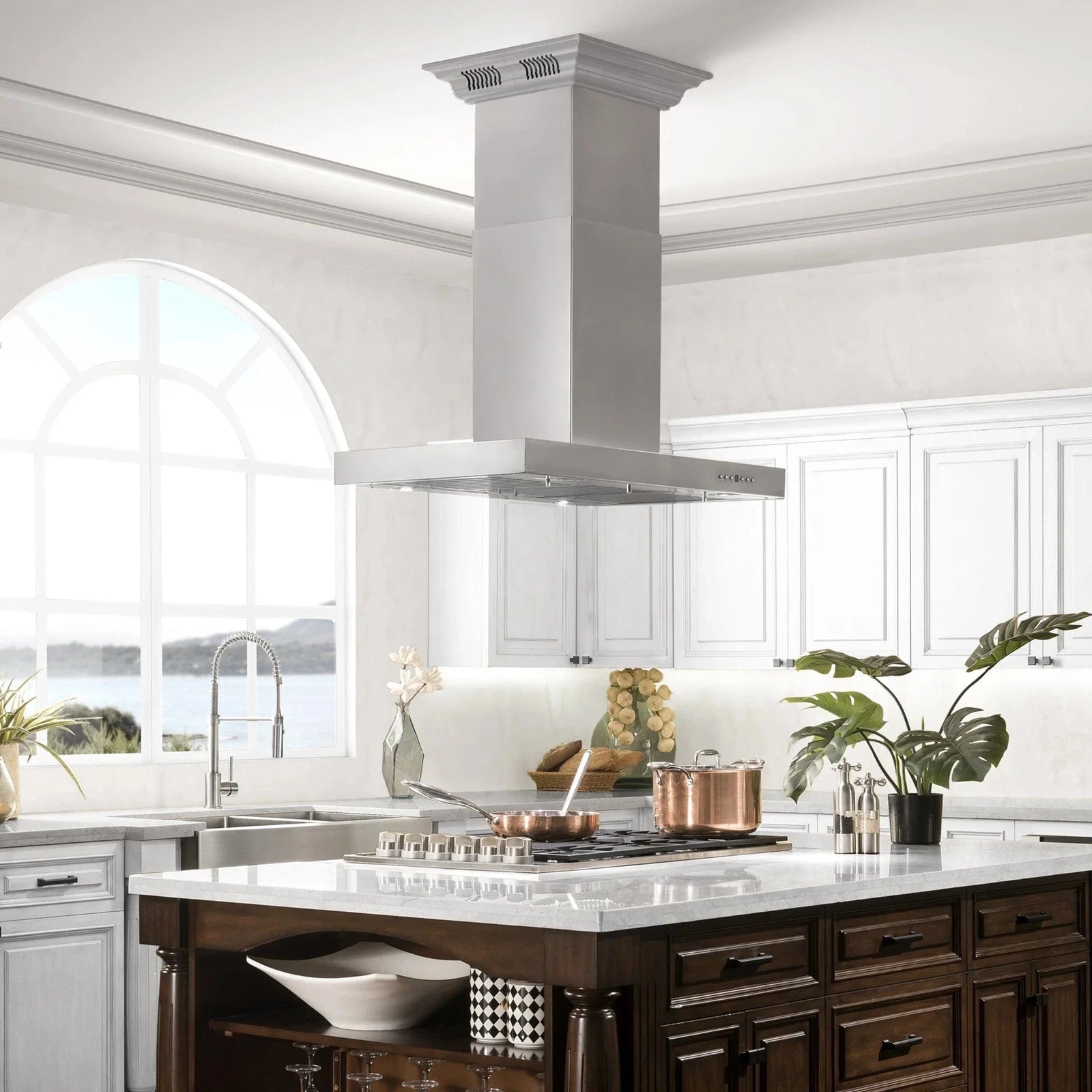 Zline Island Mount Range Hood in Stainless Steel with Built-in ZLINE CrownSound™ Bluetooth Speakers KE2iCRN-BT
