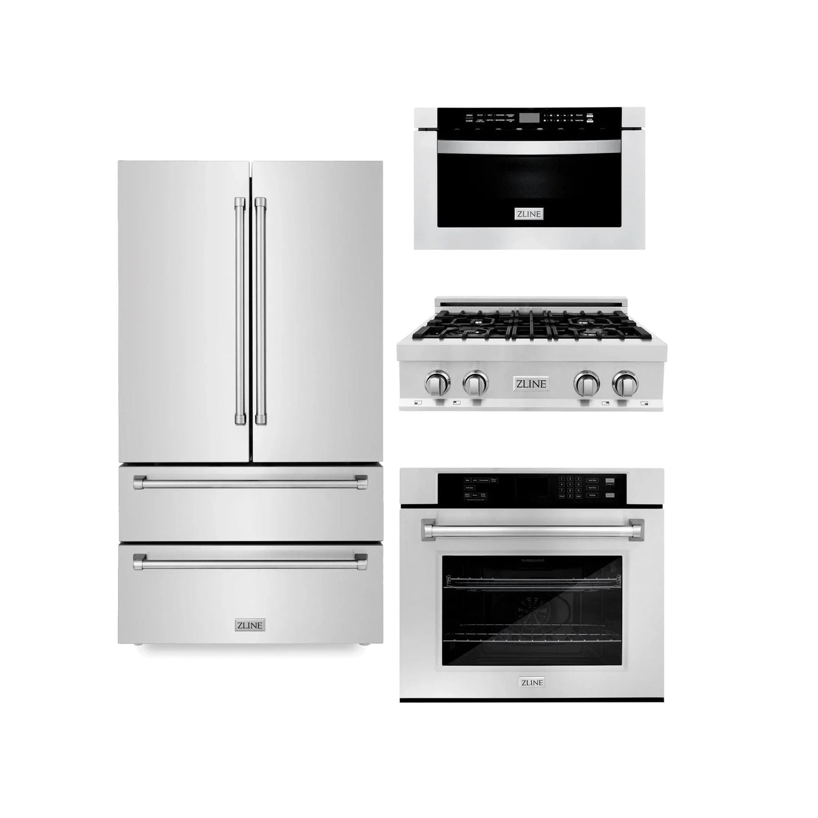 ZLINE Kitchen Package Refrigerator, Rangetop, Wall Oven, Microwave 4KPR-RT30-MWAWS