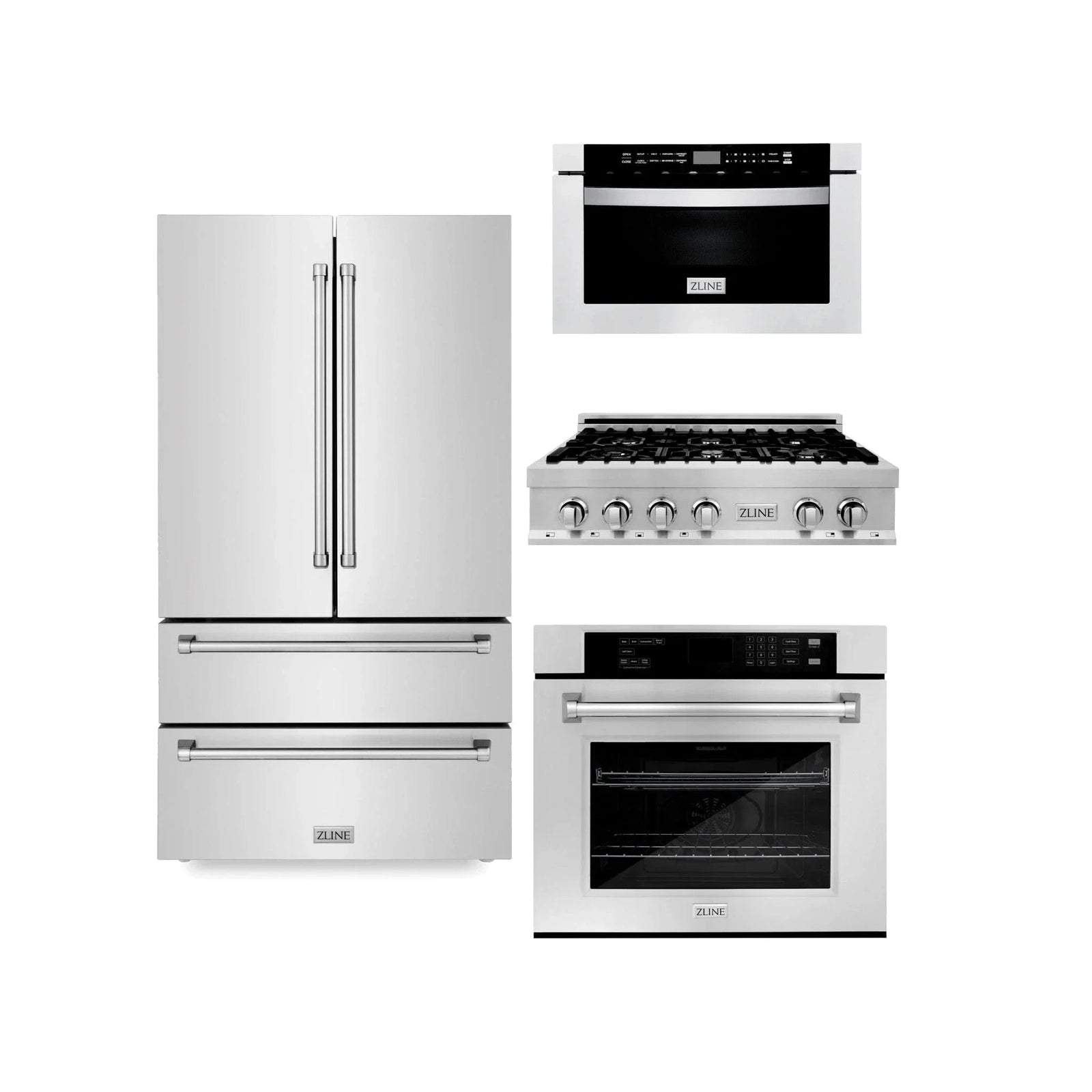 ZLINE Kitchen Package Refrigerator, Rangetop, Wall Oven, Microwave 4KPR-RT36-MWAWS